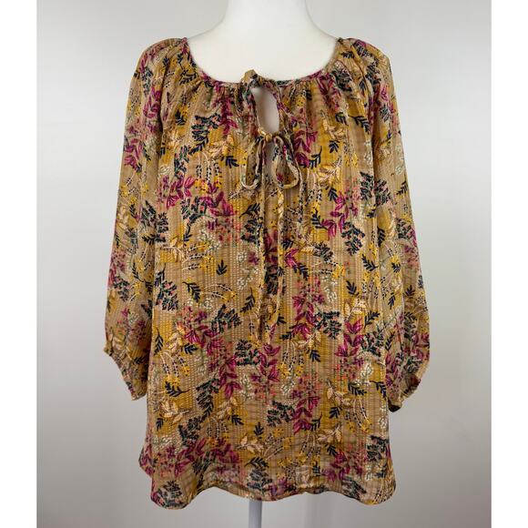 Loft Womens Floral Tie Neck Blouse in Amber Sz M Office Boho Casual Peasant Fall - Picture 2 of 16